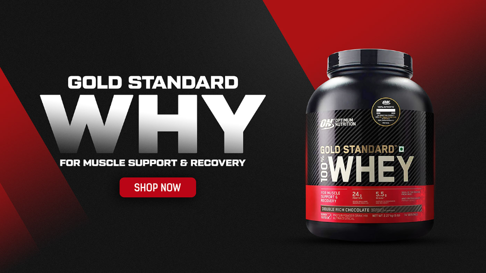 A high-contrast product hero creative for Whey Protein featuring clear benefit callouts and a direct CTA.